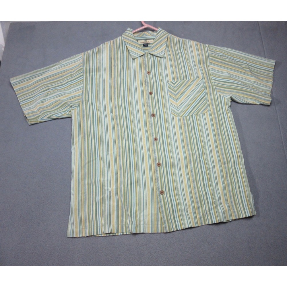 Tommy Bahama Shirt Mens Medium Green Striped Silk Casual Beach Summer Button Up